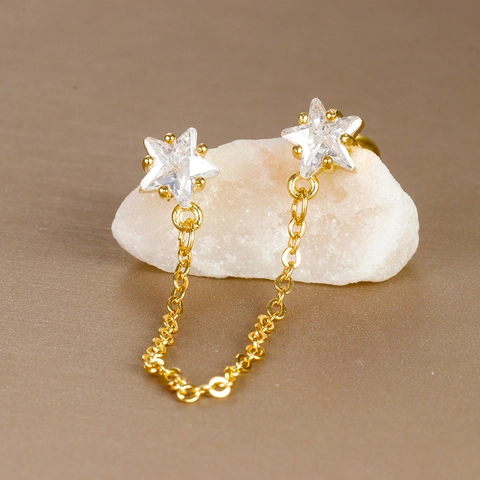 Stainless Steel Star Chain Stud Earrings With Rhinestone Korean Fashion Gold Double Ear Hole Screw Ball Jewelry For Women