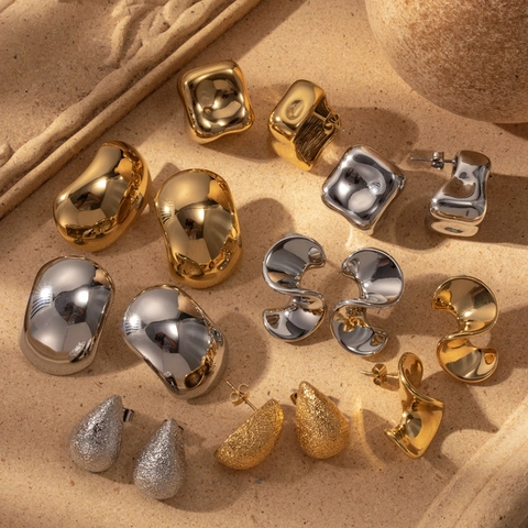 Stainless Steel Geometric Earrings Minimalist Water Drop S-Shape Bean Studs Gold Silver Color Jewelry For Women