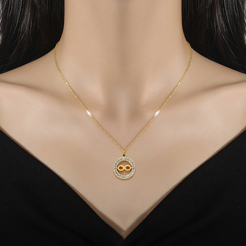Infinity Symbol Pendant Necklace Titanium Steel Round Ring Minimalist Gold Plated Rhinestone Clavicle Chain For Women