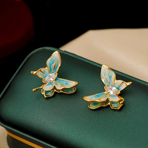 Boucles D'oreilles Papillon Émail Et Zircon Cuivre Avec Tige Argent Sterling 925 Bijoux De Luxe Vintage Pour Femmes