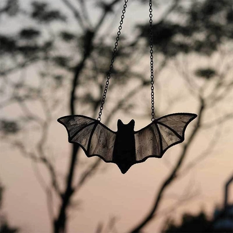 Halloween Bat Suncatcher Hanging Decoration Acrylic Stained Glass Style Pressed Flower Gothic Window Car Mirror Decor
