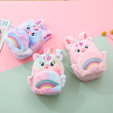 Kids Plush Backpack Faux Fur Unicorn Animal Design Gradient Rainbow Color Cute Cartoon School Bag For Girls
