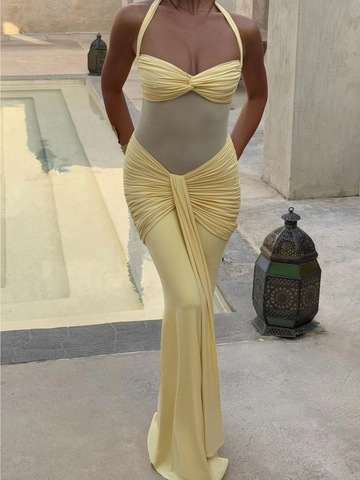 Halter Neck V Neck Maxi Dress Ruched Mesh Patchwork Backless Slim Fit Elegant Banquet Evening Gown