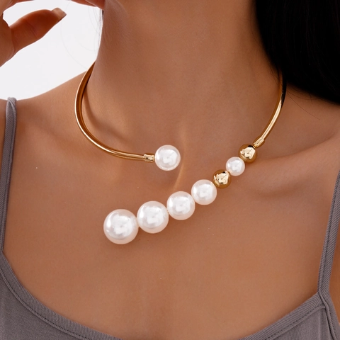Franse Vintage Geometrische Open Choker Ketting Met Koper En Imitatieparels Asymmetrische Sieraden Voor Dames