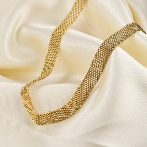 Stainless Steel Mesh Choker Necklace For Women Wide Flat Metal Braided Link Chain Fashion Daily Wear Jewelry Accessory