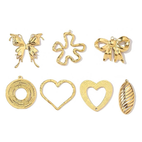 Stainless Steel Charms Pendants Gold Plated Heart Butterfly Flower Bow Geometric Hollow For DIY Jewelry Making French Vintage Retro