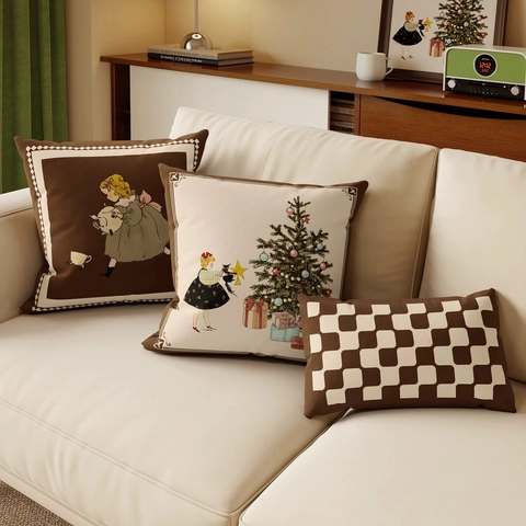 Weihnachten Kissenbezug Vintage Illustration Kurzplüsch Doppelseitig Bedruckt Dekokissenbezug Sofa Home Decor Nordic Style