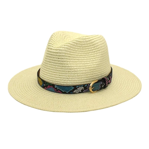 Straw Fedora Hat Sun Protection Summer Beach Travel Woven Jazz Style With Colorful Snake Pattern Band Gold Buckle