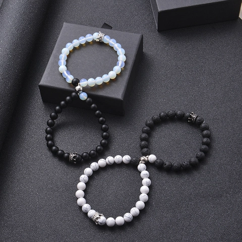 Magnetic Attraction Couple Natural Stone Bracelets Volcanic Lava Howlite Beads Crown Charm Jewelry For Men And Women