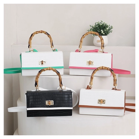 Sac À Main Vintage En Simili Cuir Crocodile Avec Poignée En Bambou Serrure À Torsion Sac À Bandoulière Pour Femmes