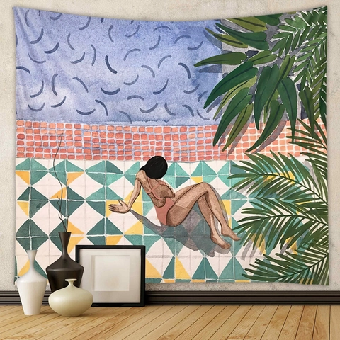 Watercolor Illustration Wall Hanging Tapestry Polyester Fabric Aesthetic Tropical Jungle Summer Pool Art For Bedroom Living Room Decor