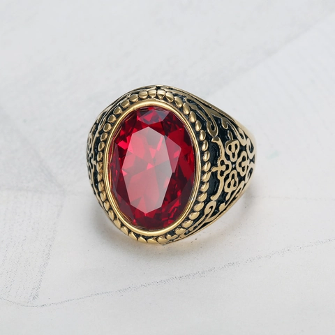 Vintage Titanium Steel Men's Ring Ellipse Cut Rhinestone Gold Plated Retro Carving Statement Finger Ring Jewelry For Men Birthday Gift