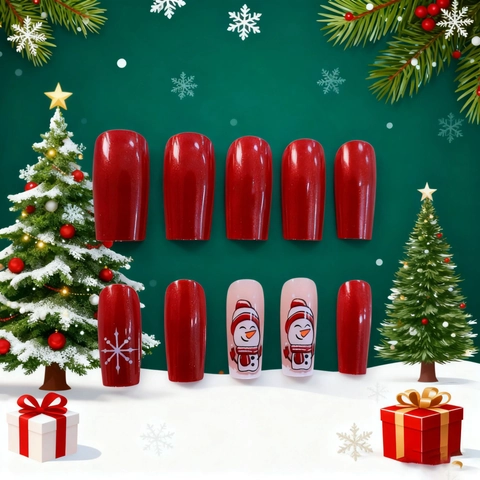 Christmas Press On Nails Red Metallic Glossy Square Artificial Fingernails With Snowman And Snowflake Patterns For Women