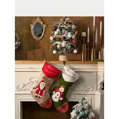Calcetín De Navidad Grande Arpillera Fieltro Con Puño De Felpa Bordado Aplique 3D Bolsa De Regalo Decoración