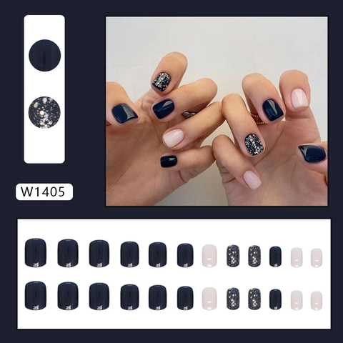 Short Square Press On Nails Glossy Starry Sky Ink Blue Pink Silver Glitter False Nails For Women Ins Style Fashion Wearable