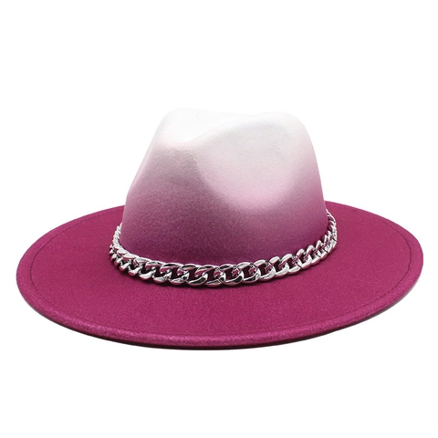 Fedora Hut Wollfilz Farbverlauf Ombre Breitkrempig Silberne Metallkette Dekoration Jazz Kappe Für Damen Herren