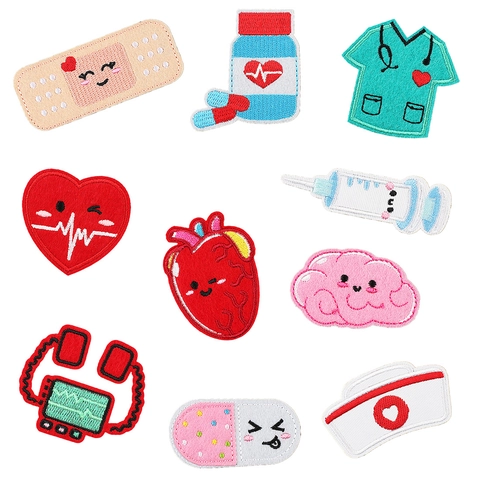 Cartoon Medizinische Stickerei Patches Süße Krankenschwester Hut Herz Pille Aufbügeln Applikation Für Kleidung DIY Dekoration
