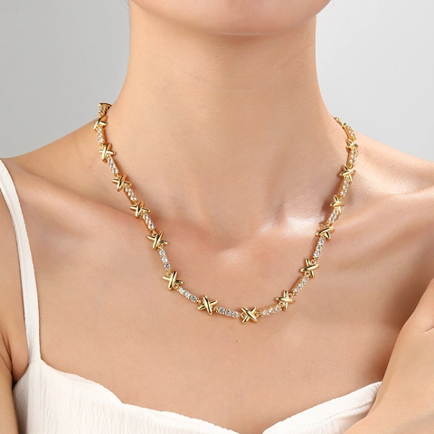 Parure Collana E Bracciale Maglia A X Gioielli Lusso Rame Placcato Oro Zirconia Cubica Intarsiata Moda Versatile Donna