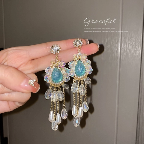 Vintage Quasten Ohrhänger Mit 925 Sterling Silver Earring Post Legierung Blauer Edelstein Strass Künstliche Perle Palast Stil Damen
