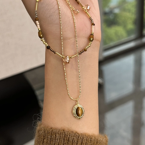 Collana Doppio Strato Rame Placcato Oro Con Pendente Ovale Occhio Di Tigre Perline Gioielli Retrò Per Donne