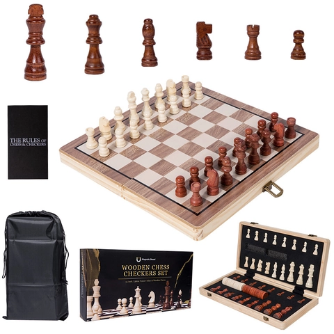 Wooden Magnetic Chess Checkers Set Foldable Travel Board Game With Storage Box And Wooden Pieces For Adults Kids