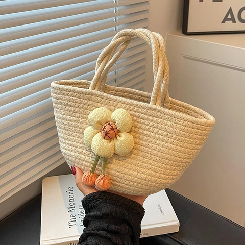 Handmade Woven Cotton Rope Handbag With Flower Decor Niche Design Casual Summer Beach Tote Bag For Women Artisanal Purse