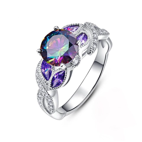 Round Rainbow Zircon Ring With Purple Marquise Stones Retro Vine Design Silver Plated Copper Jewelry For Women