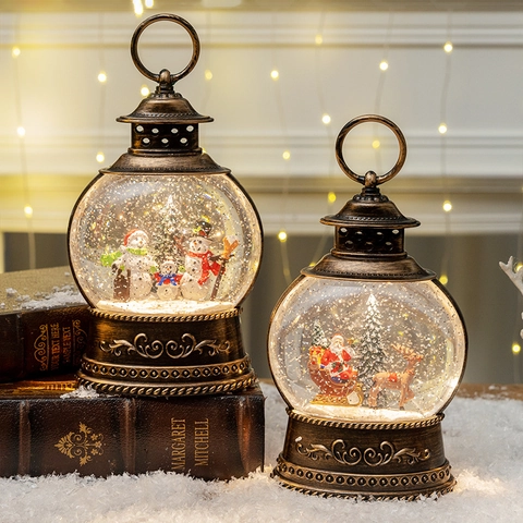 Lanterna Palla Di Neve Di Natale Vintage Con Luce LED Calda Babbo Natale Pupazzo Di Neve Glitter Ornamento Tavolo Regalo