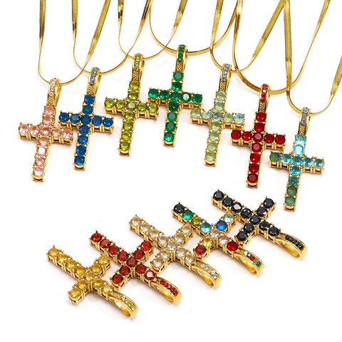 Hip Hop Colored Rhinestone Cross Pendant Necklace For Women Luxury Titanium Steel Snake Chain Gold Plated Punk Jewelry Gift