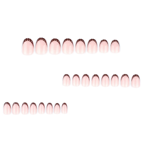 Uñas Postizas Press On French Marrón Con Lunares Blancos Uñas Artificiales Cortas Redondas Para Mujeres Niñas