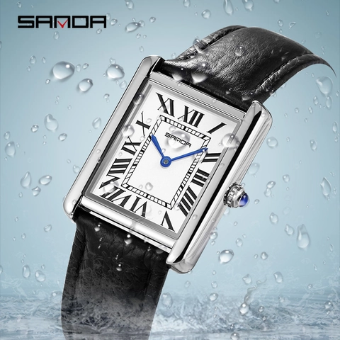 Montre À Quartz Rectangulaire Pour Femmes Chiffres Romains Aiguilles Bleues Résistant À L'eau Bracelet En Cuir Élégante