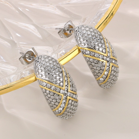 Geometric Oval Stud Earrings Stainless Steel Micro Paved Rhinestone Cross Pattern Vintage Fashion Women Jewelry