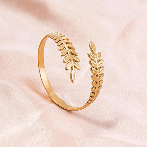 Bracciale Rigido Aperto In Acciaio Inossidabile Design Foglia Grano Forma C Regolabile Gioielli Moda Donna