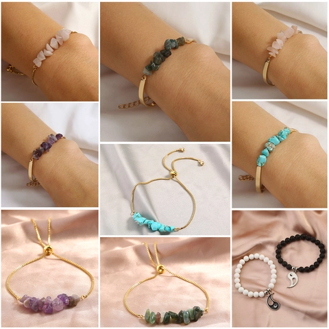 Natural Crushed Stone Beaded Bracelet Bangle For Women Irregular Gemstone Alloy Copper Adjustable Bohemian Jewelry