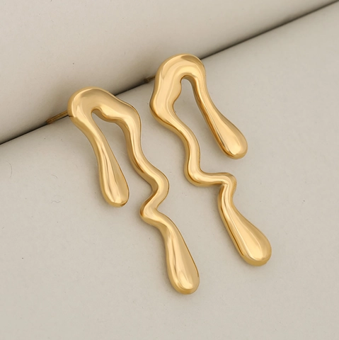 Stainless Steel Liquid Metal Stud Earrings Irregular Abstract Lava Water Drop Modern Minimalist Punk Style For Women