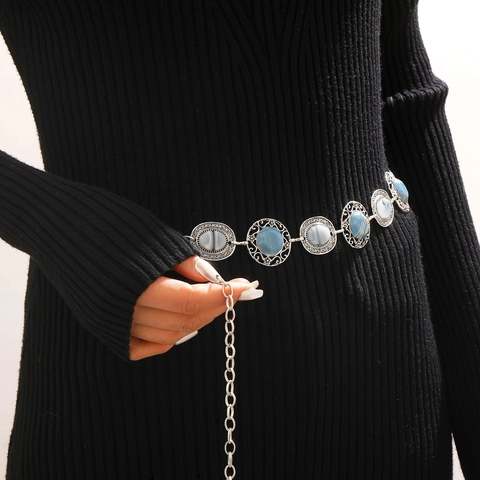 Cadena de Cintura Bohemia Vintage para Mujer Cinturón de Eslabones de Metal Plata Antigua con Patrón Floral Hueco Piedra Azul