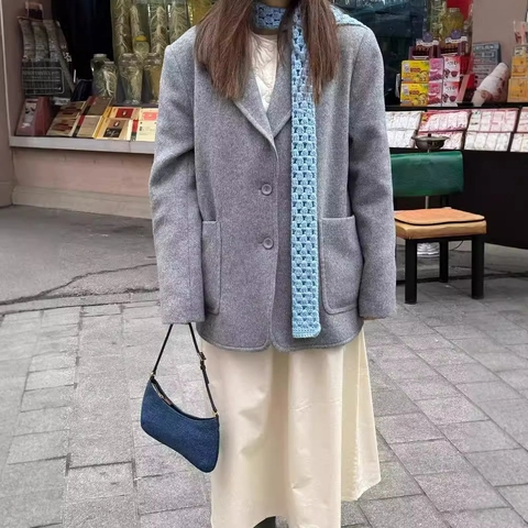 Damen Wolljacke Anzugkragen Locker Grau Retro Langarm Einreihiger Mantel Streetwear Vintage Mode
