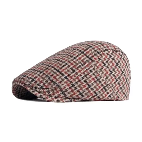 Béret en Lainage à Motif Pied-de-poule Style Britannique Rétro pour Hommes Femmes Automne Hiver Chaud Béret Plat Réglable Accessoire de Mode