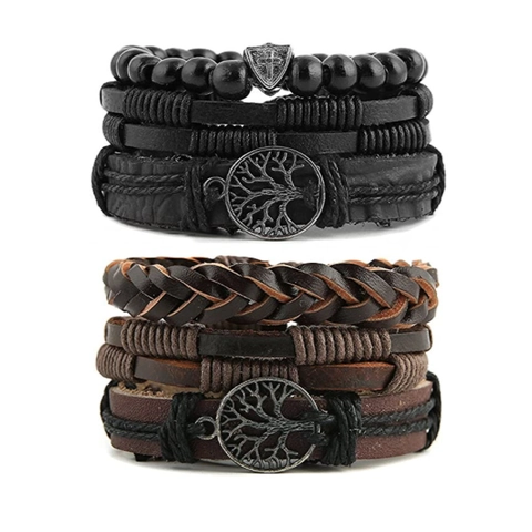 Bracciale Multistrato In Pelle E Perline Albero Della Vita Scudo Intrecciato A Mano Stile Retrò Accessorio Gioielli Da Uomo
