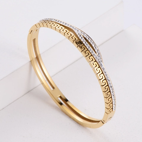 Brazalete De Moda Acero Inoxidable Circón Patrón Griego Bisagra Manguito Para Mujeres Joyería Hueca