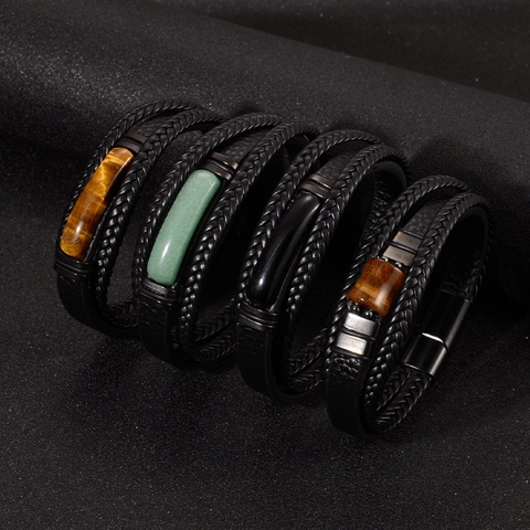Bracciale Da Uomo In Pelle Intrecciata Multistrato Con Pietra Occhio Di Tigre Naturale Chiusura Magnetica In Acciaio Inossidabile