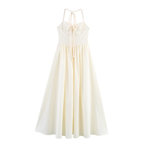 Abito Lungo Donna Scollo All'americana Schiena Scoperta Bretelle In Corda Intrecciata Vita Alta Vacanze Elegante Sexy