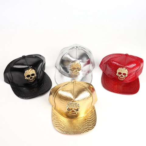 Gorra De Béisbol De Cuero PU Patrón Cocodrilo Calavera De Metal Diamantes De Imitación Ajustable Sombrero Hip Hop Punk