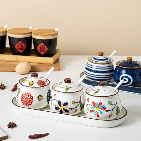 Ceramic Spice Jar Hand Painted Underglaze Seasoning Pot Floral Pastoral Style With Lid And Spoon Condiment Container