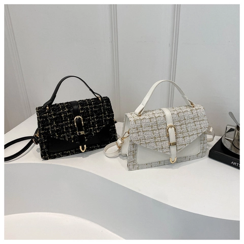 Women Vintage Tweed Shoulder Bag French Style Luxury Gold Silk Crossbody Handbag Elegant Small Square Flap Bag Daily Match