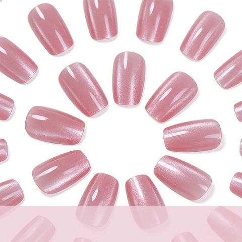 Cat Eye Pink Glossy Press On Nails Medium Square Round Glitter Artificial Finger Nails For Women