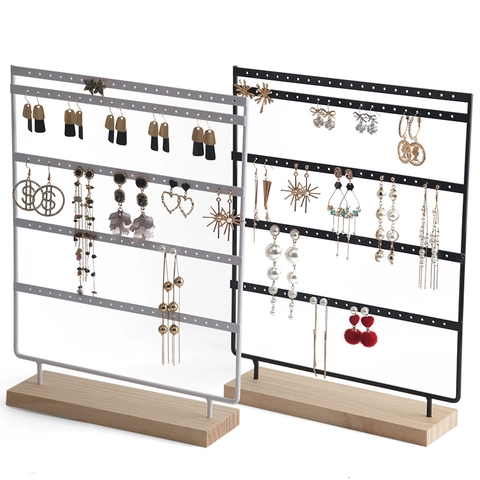 Earring Holder Stand Jewelry Display Organizer Iron Metal With Beech Wood Base Multi Layer Large Capacity Desktop Decor