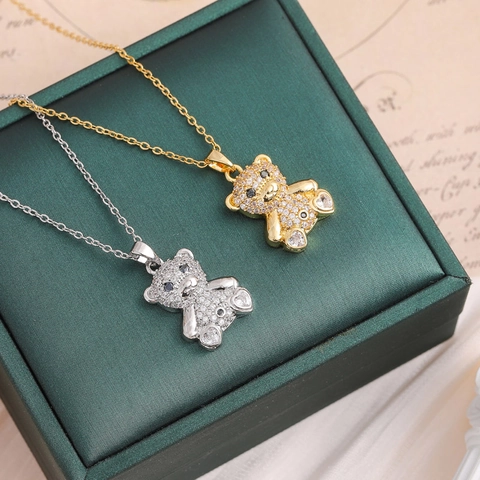 Collana con Pendente a Forma di Orsetto in Acciaio Inossidabile Zirconia Cuore Oro Argento Stile Coreano Donna Gioielli