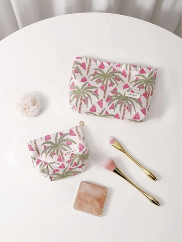 Makeup Bag Cosmetic Pouch Jacquard Canvas Palm Tree Pattern Zipper Portable Travel Organizer For Women