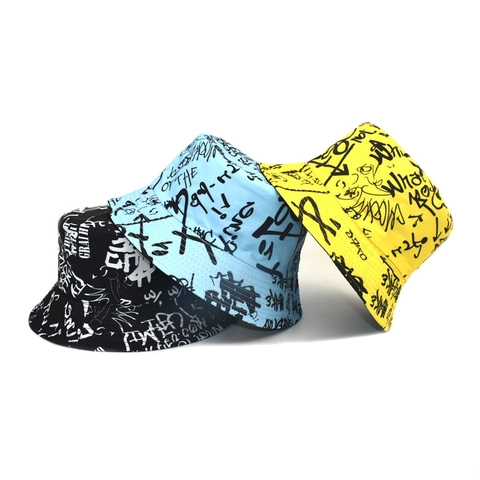 Trendy Graffiti Letter Print Bucket Hat For Men Women Polyester Streetwear Sun Protection Fashion Outdoor Fisherman Cap